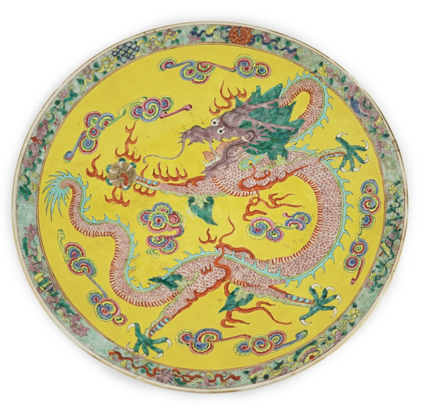 A Chinese yellow ground ‘dragon’ dish, late 19th century, minor damage